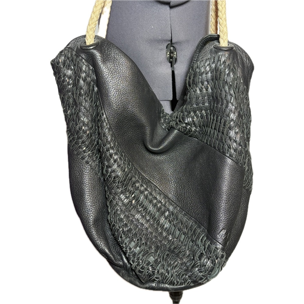 Mimco Black Leather Hobo Bag Woven Slouchy Tote Rope Handle Large Handbag DAMAGD